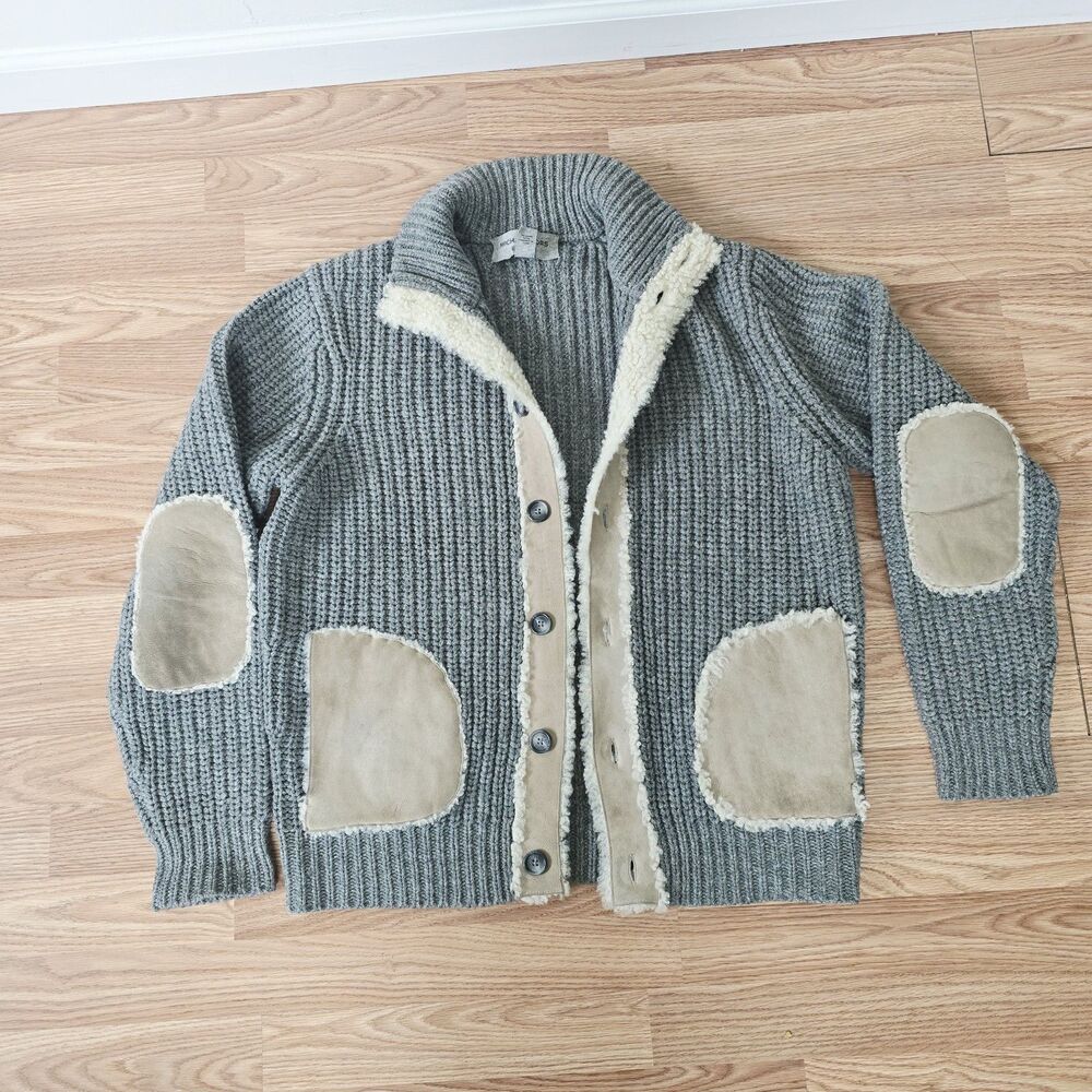 Michael Kors Ribbed Wool Knit Cardigan Lamb Shearling Sweater Size L Elbow Patch